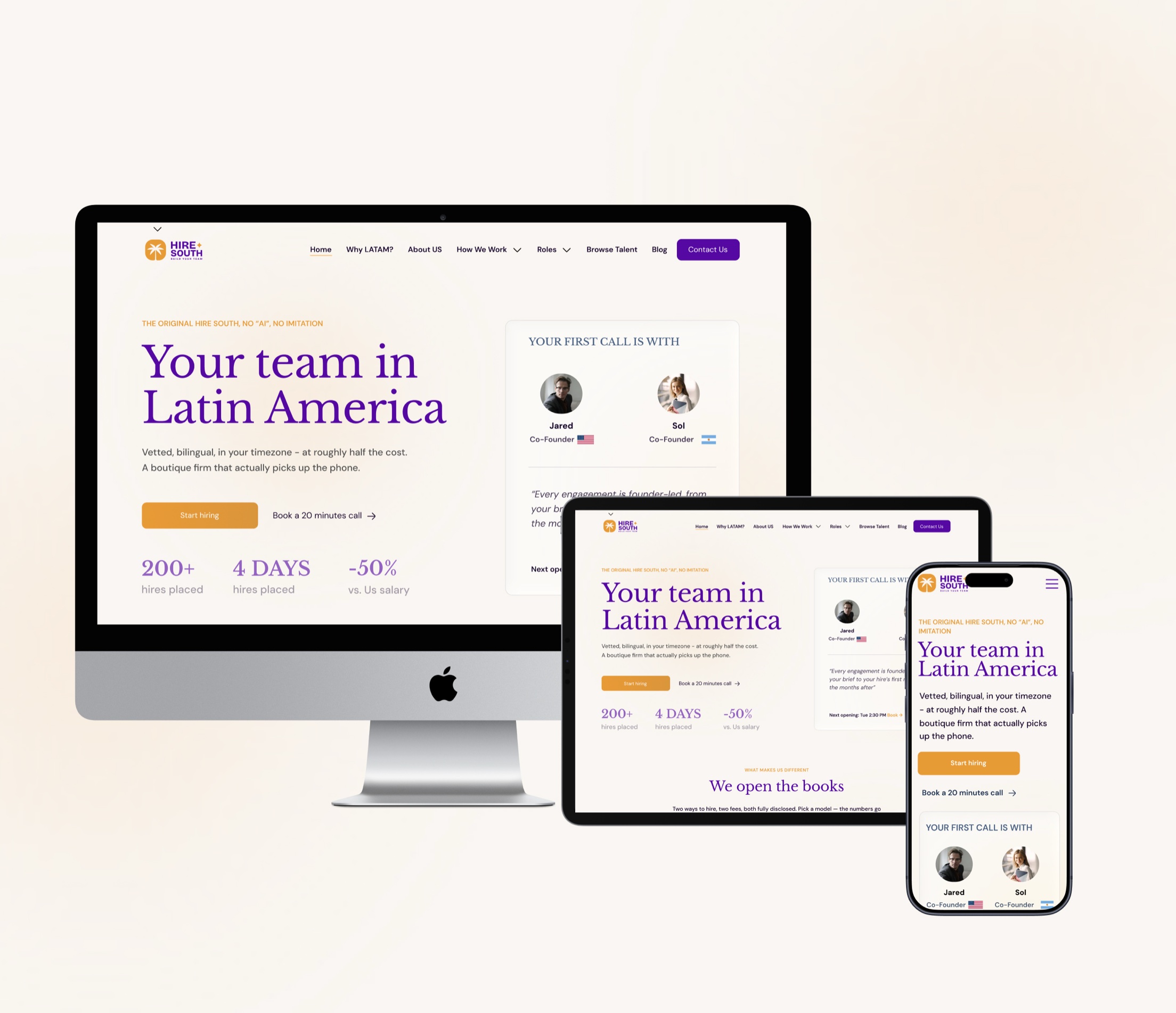 HireSouth homepage shown on desktop, tablet, and mobile