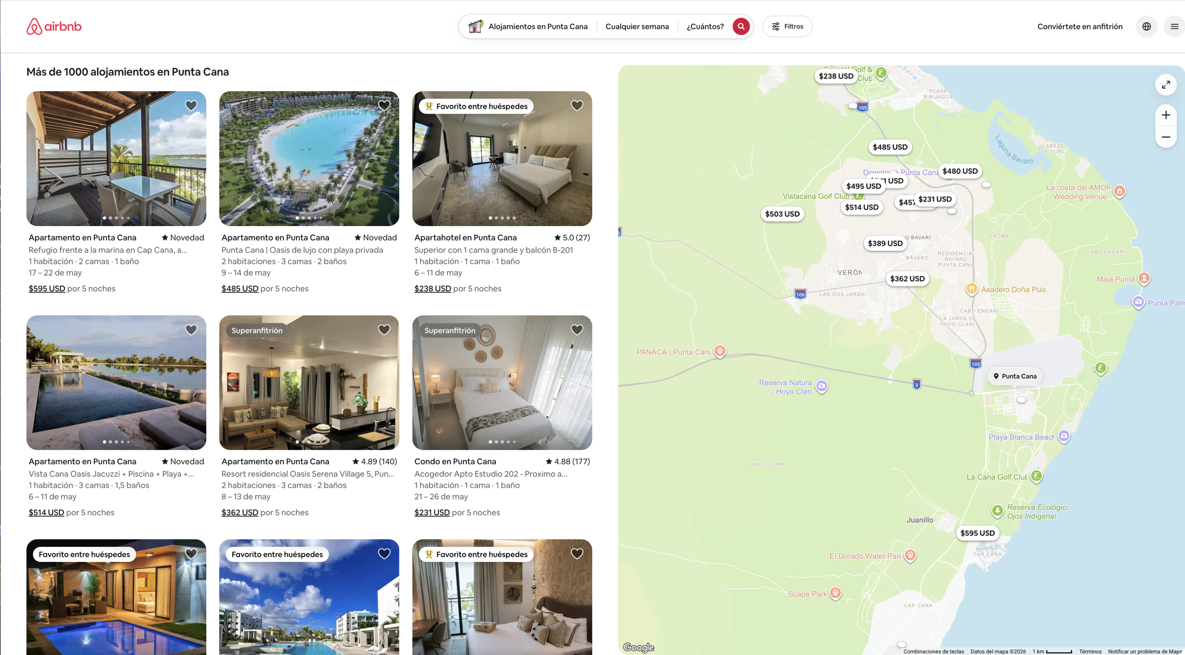 Airbnb search results showing over 1000 listings in Punta Cana, Dominican Republic — market saturation