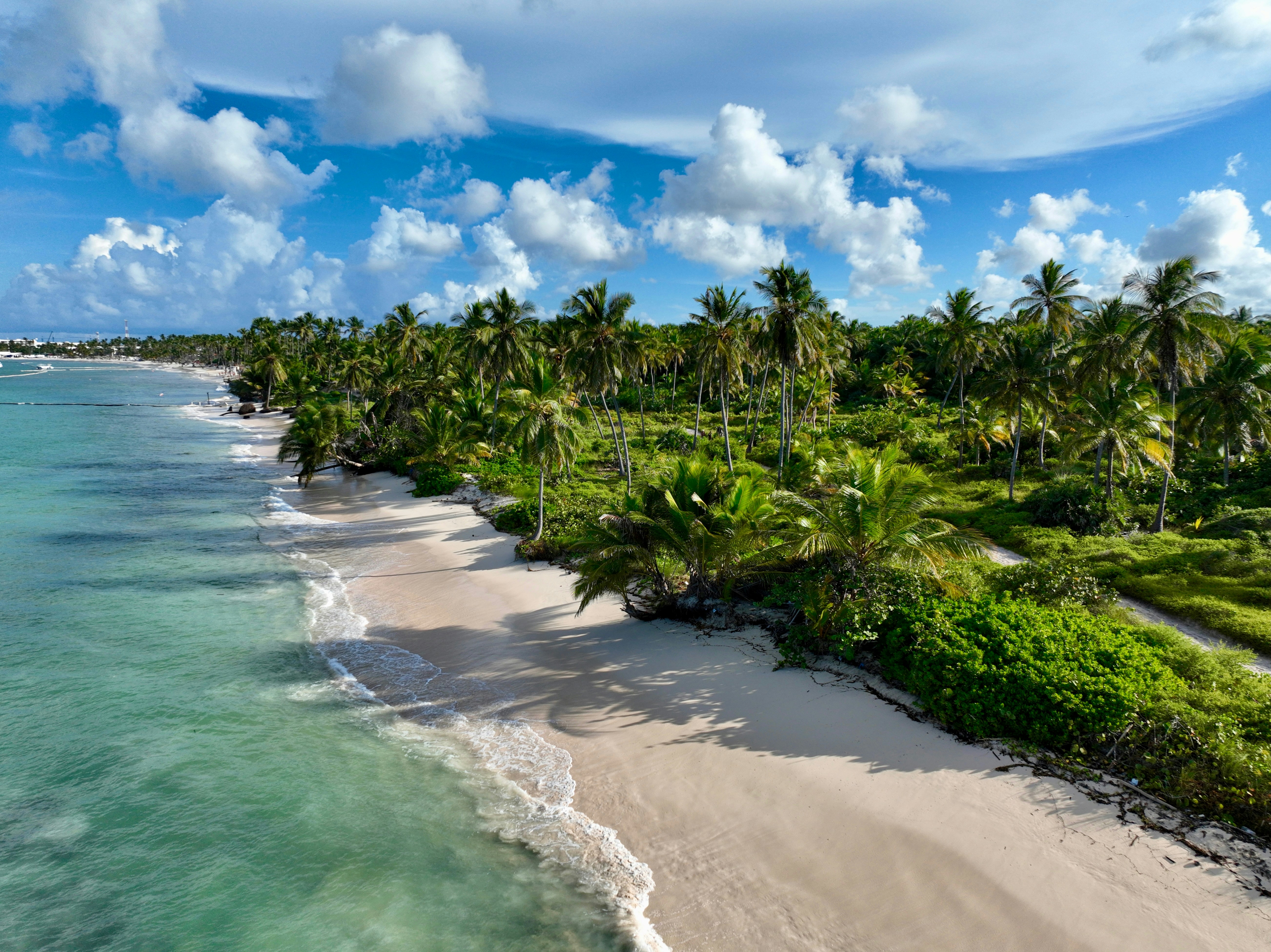 Aerial view of the Dominican Republic coastline showing turquoise water and white sand beaches in Punta Cana