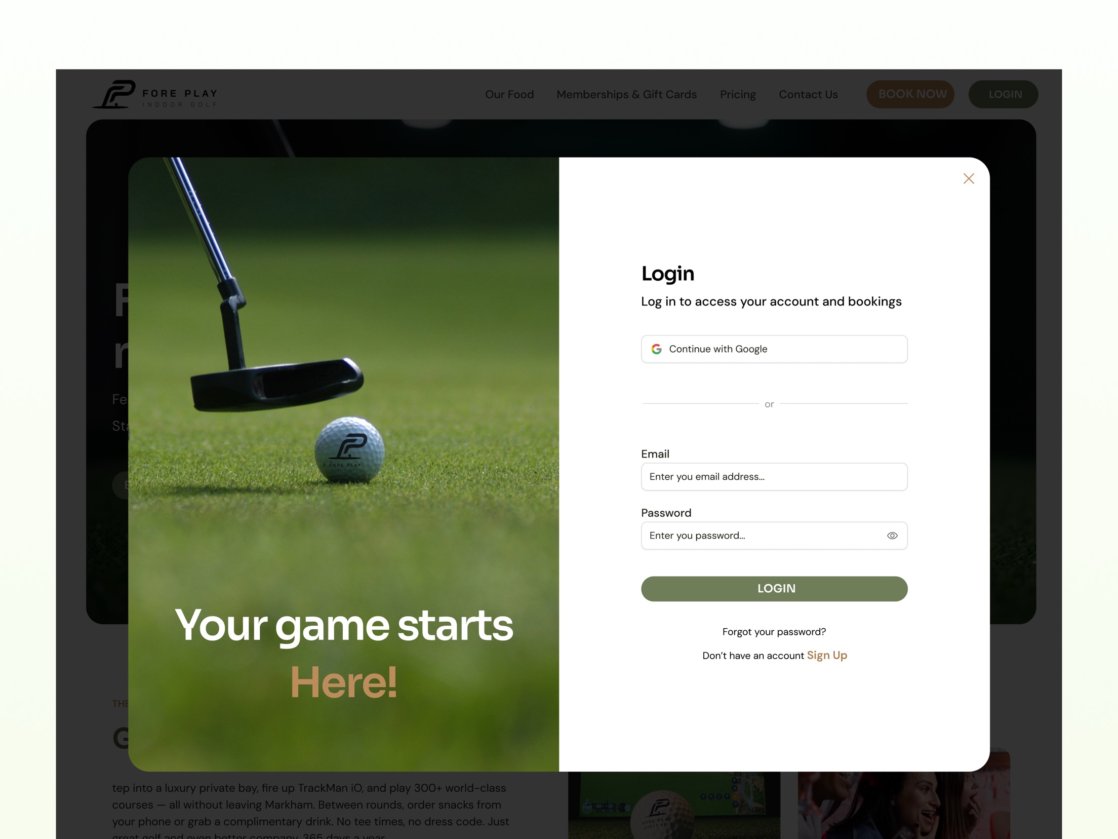 Fore Play login screen