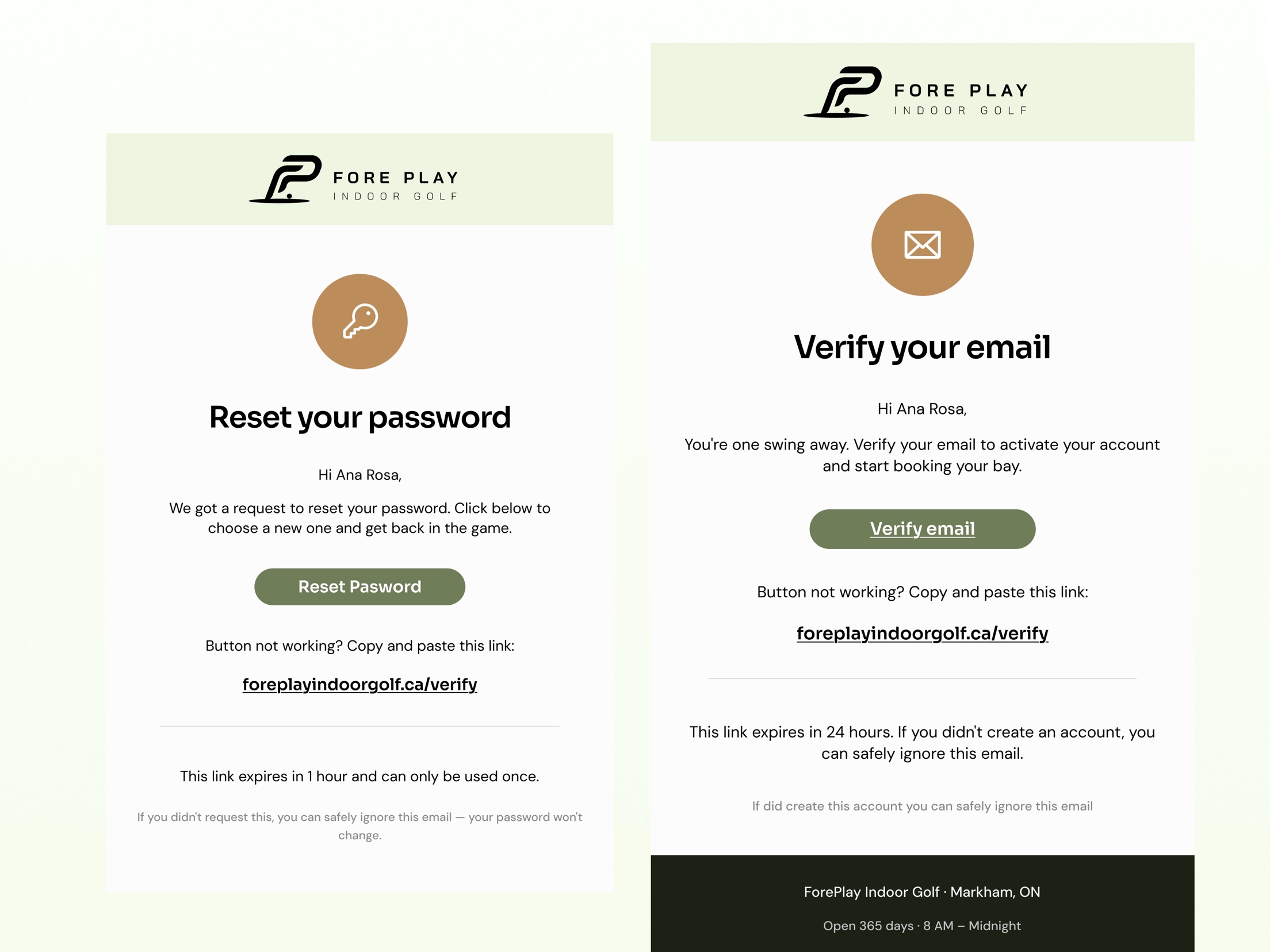 Fore Play password reset and email verification templates