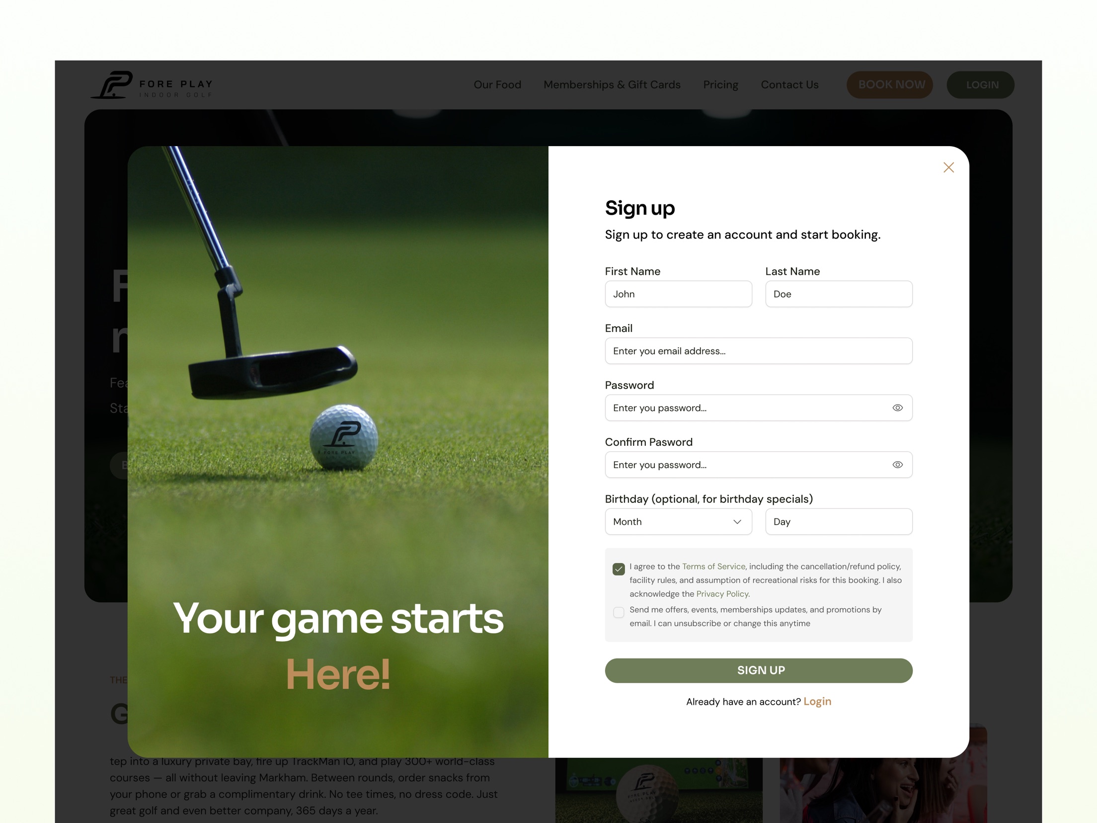Fore Play sign up screen