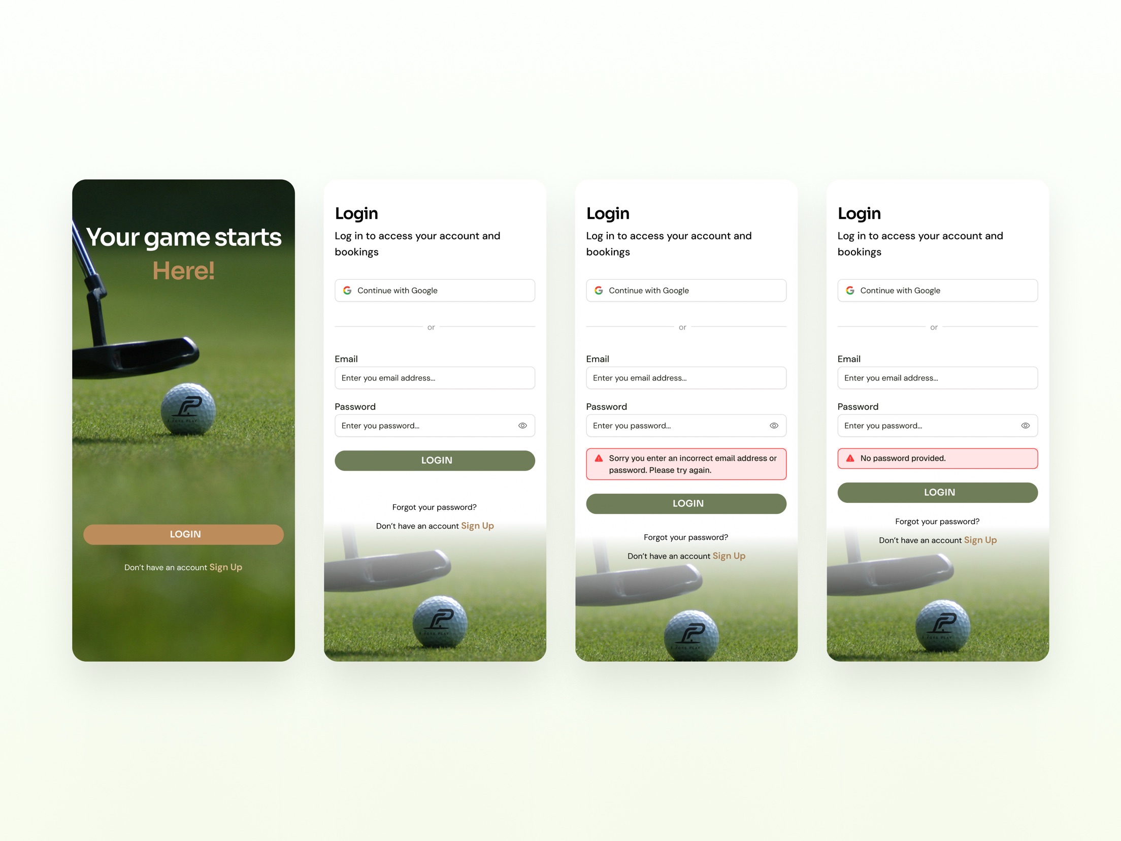 Fore Play login with validation error states