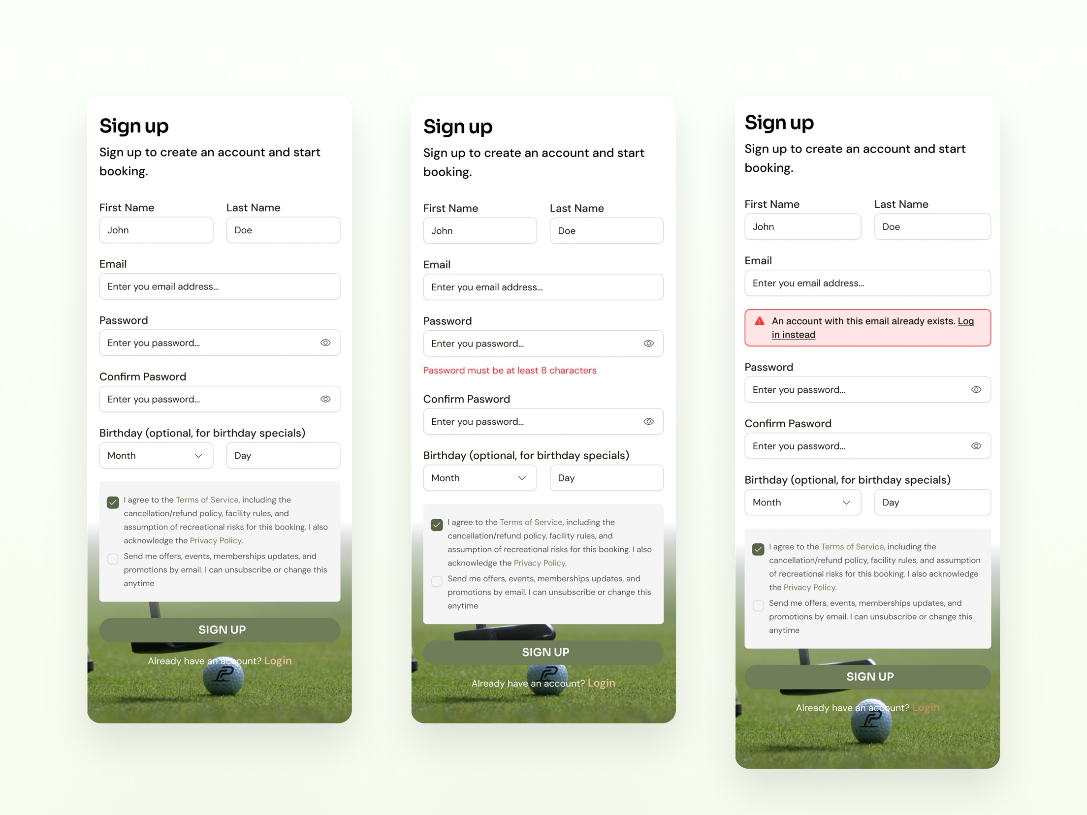 Fore Play sign up with validation error states
