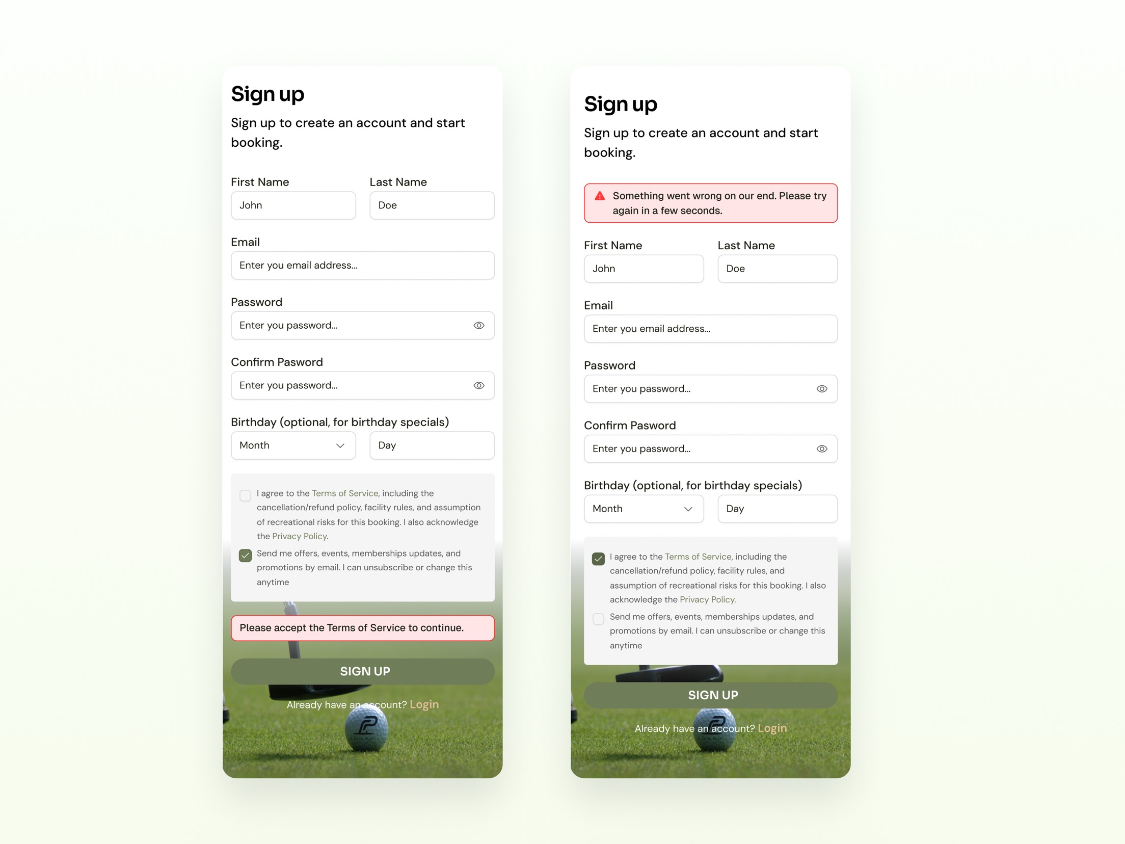 Fore Play sign up with terms and server error states