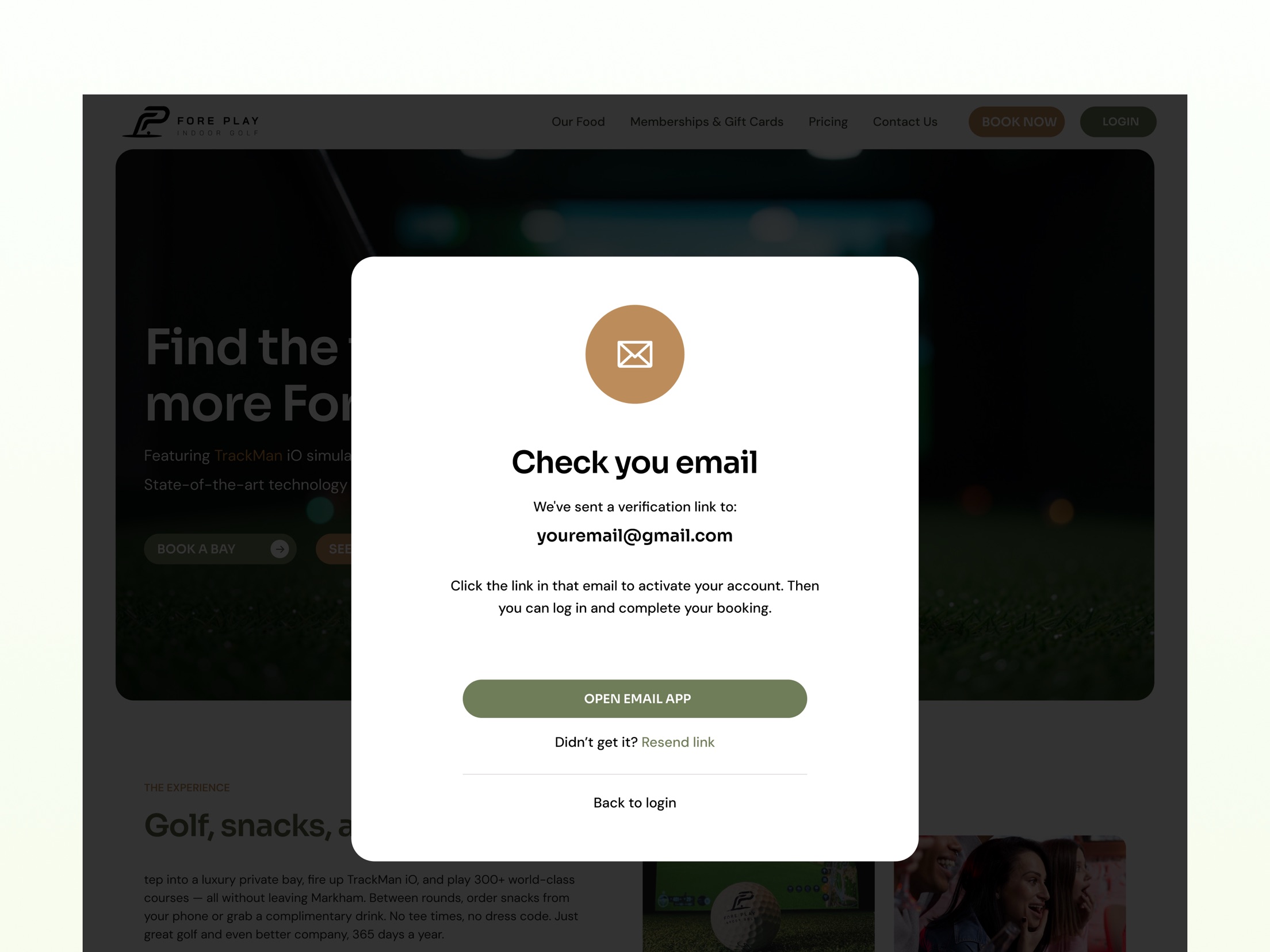 Fore Play email verification confirmation screen