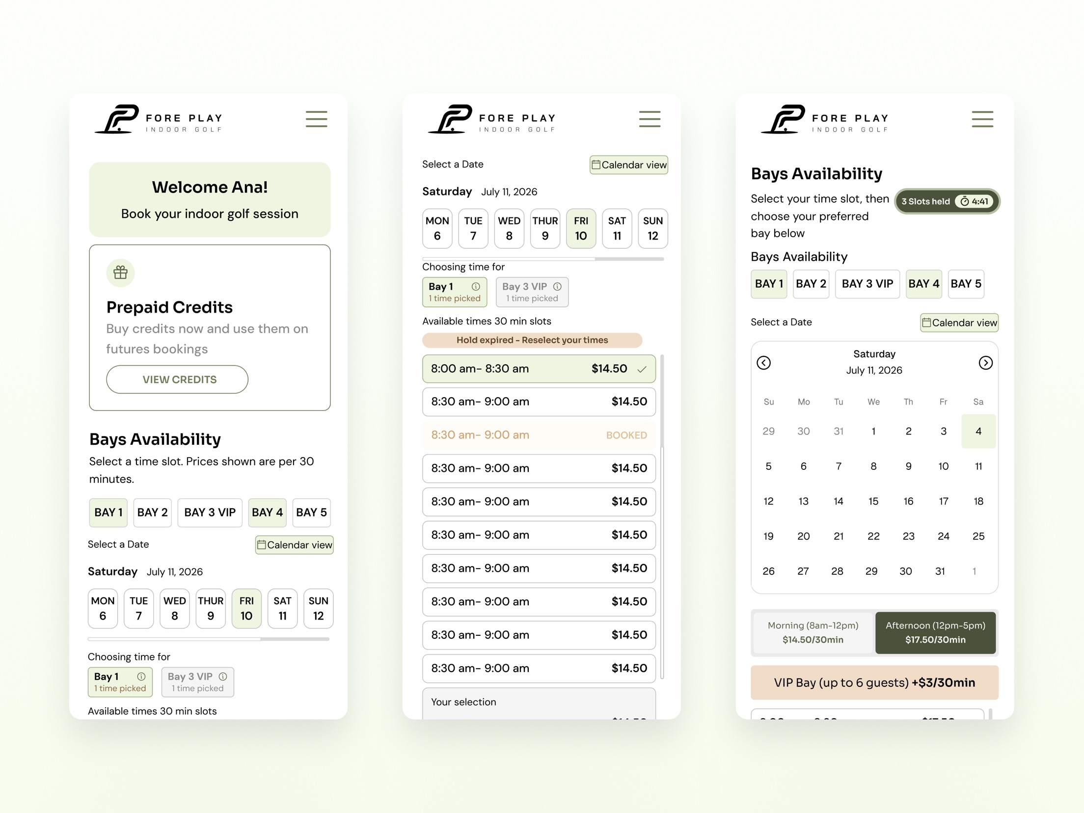 Fore Play bay booking flow, mobile