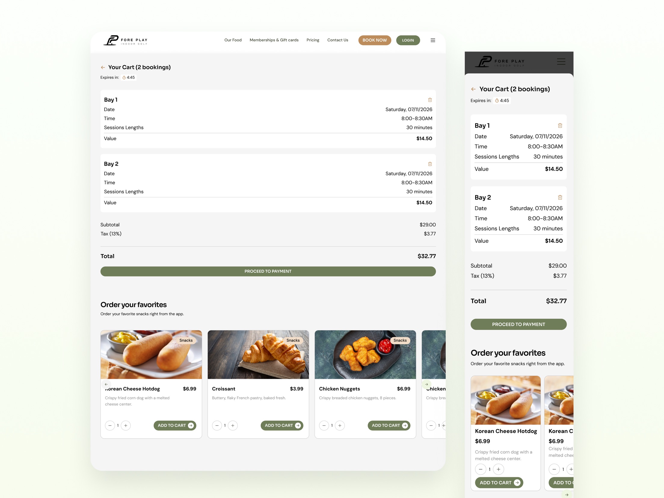 Fore Play cart, checkout, and food upsell