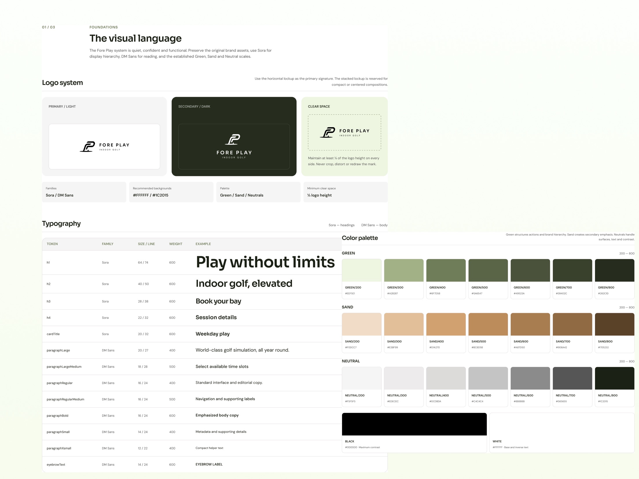 Fore Play design system: logo, typography, and color palette