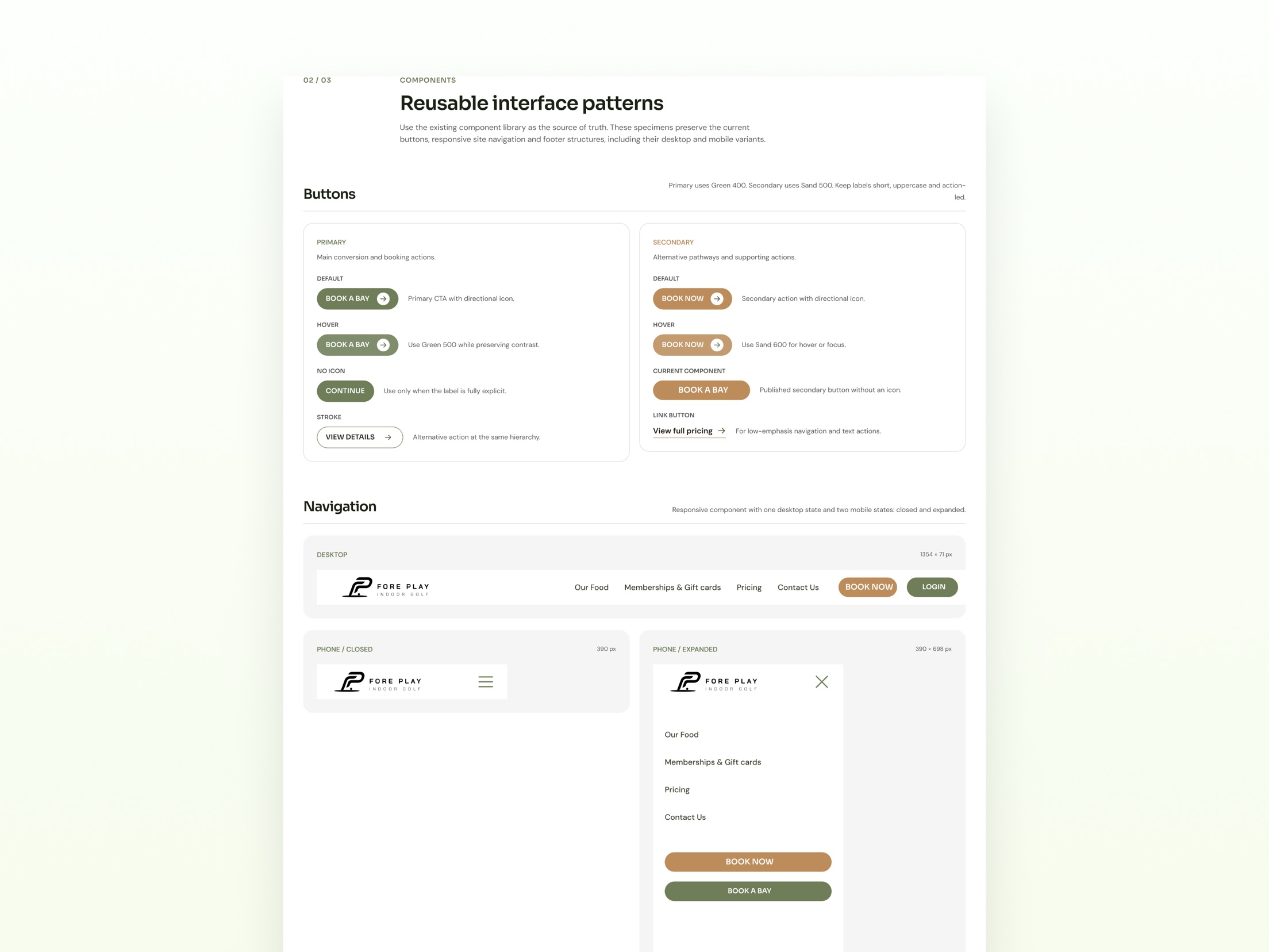 Fore Play design system: buttons and responsive navigation