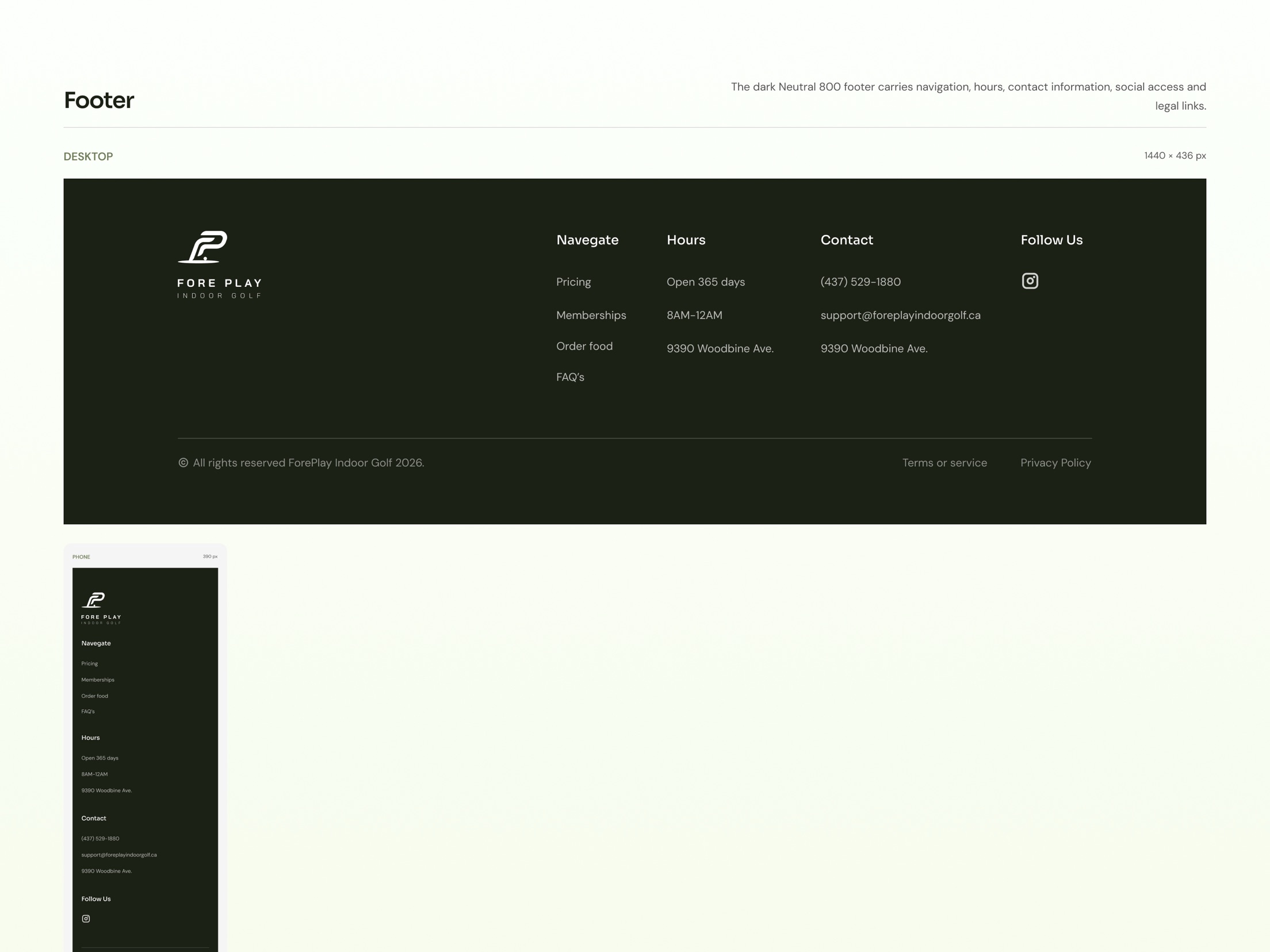 Fore Play design system: footer, desktop and mobile