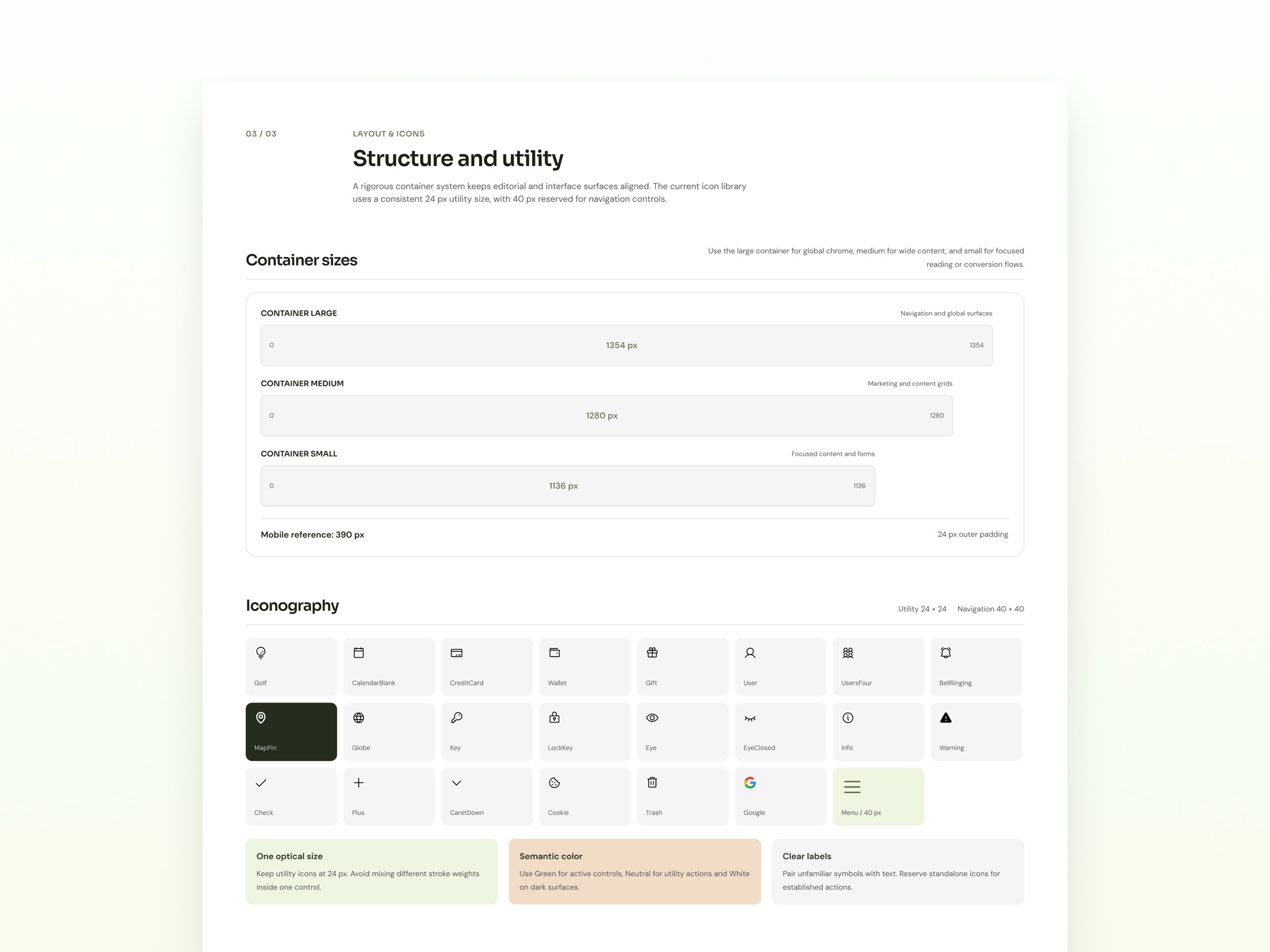 Fore Play design system: container sizes and iconography