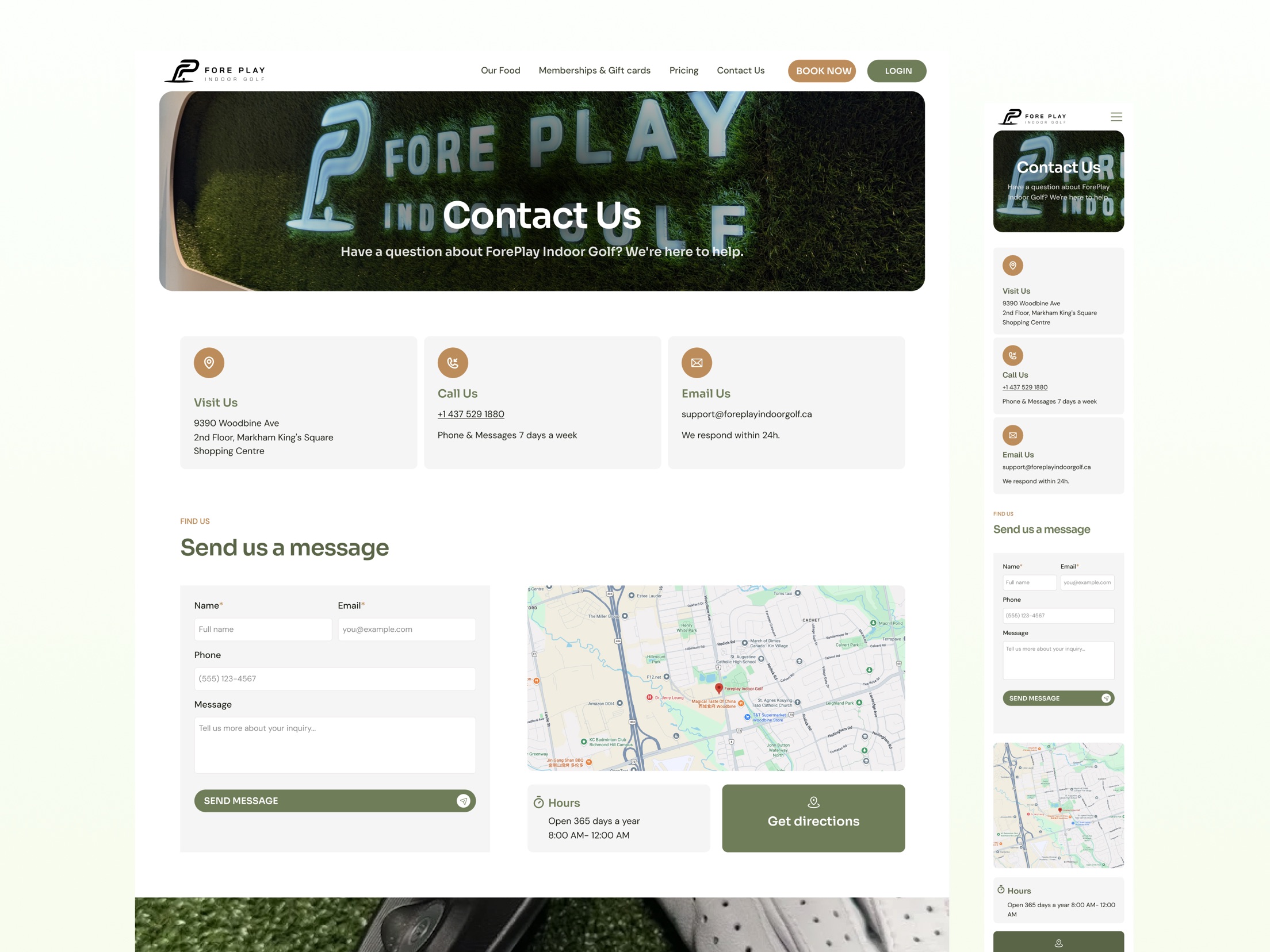 Fore Play Contact Us page, desktop and mobile