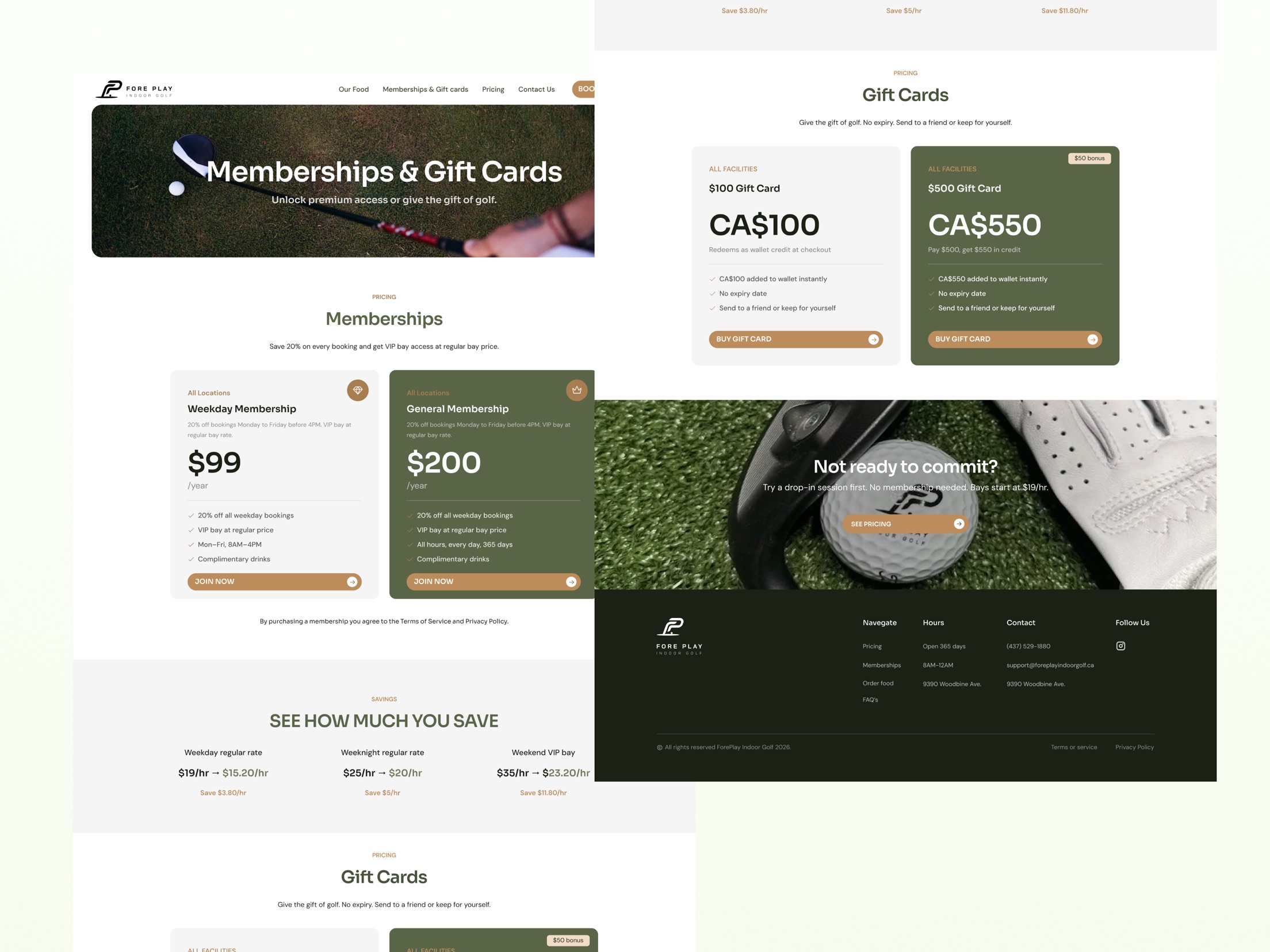 Fore Play Memberships and Gift Cards page, desktop and mobile