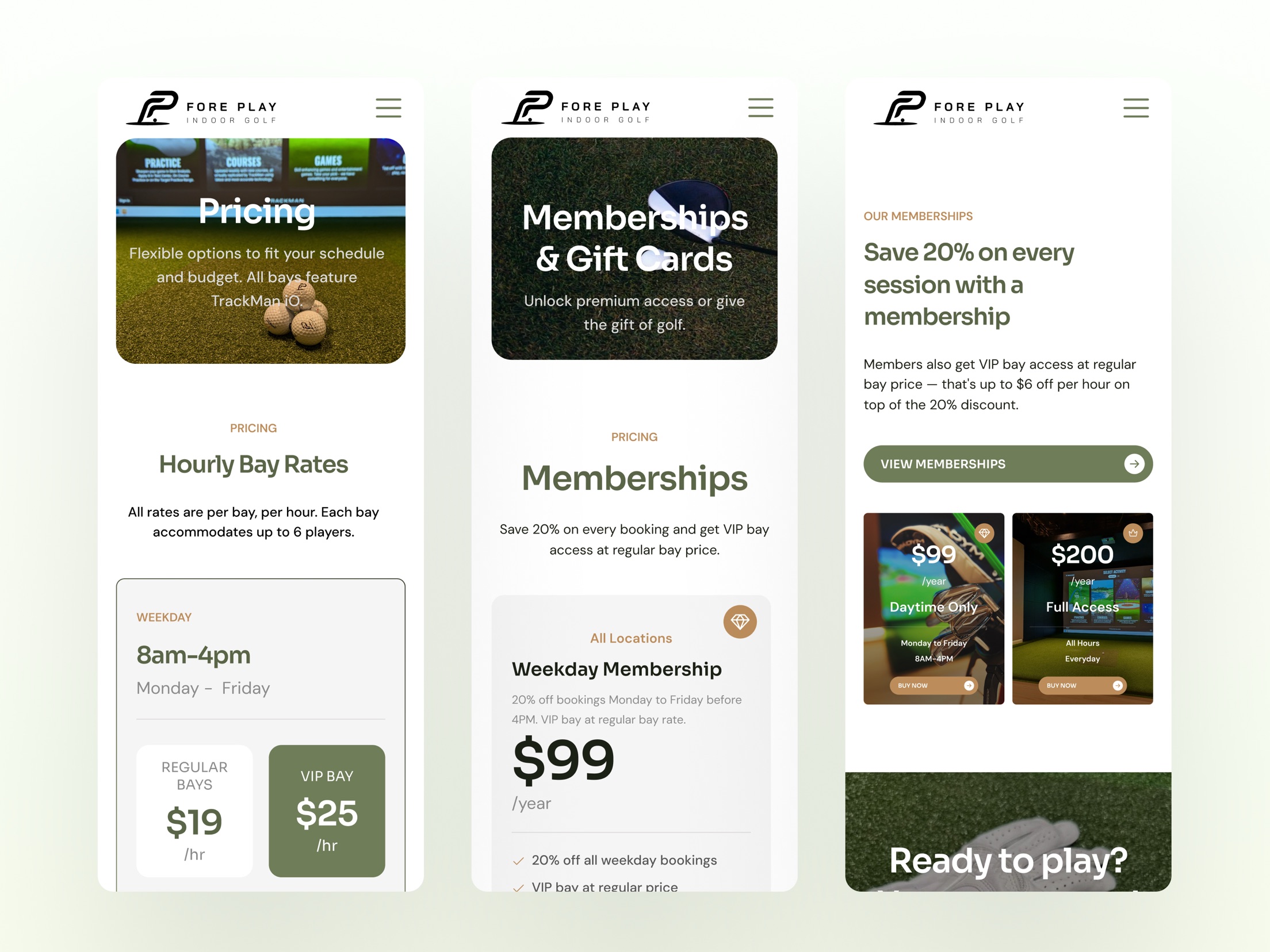Fore Play Pricing, Memberships, and Gift Cards, mobile detail