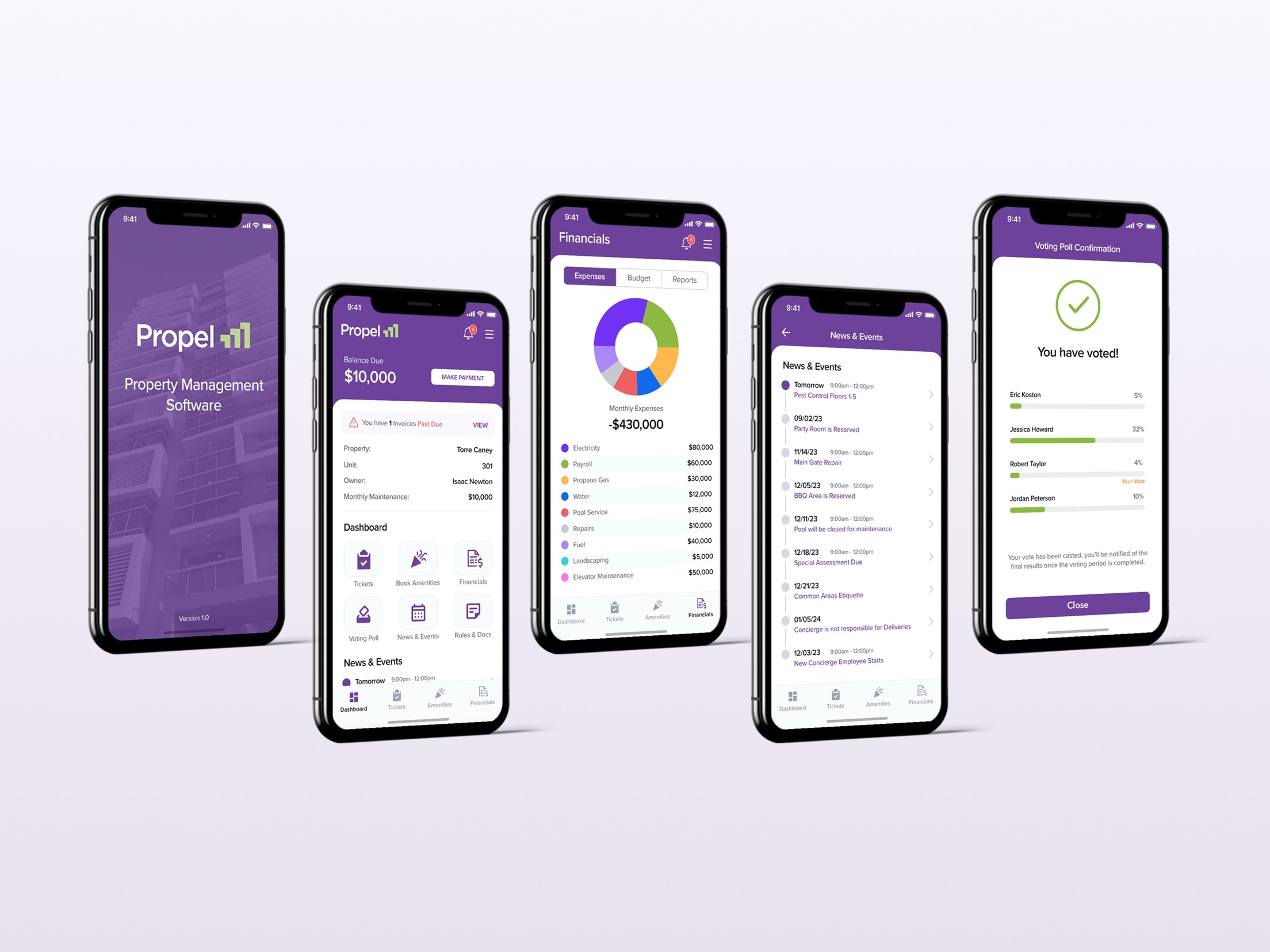 Propel owner app screens: splash, balance, financials, news, and voting confirmation