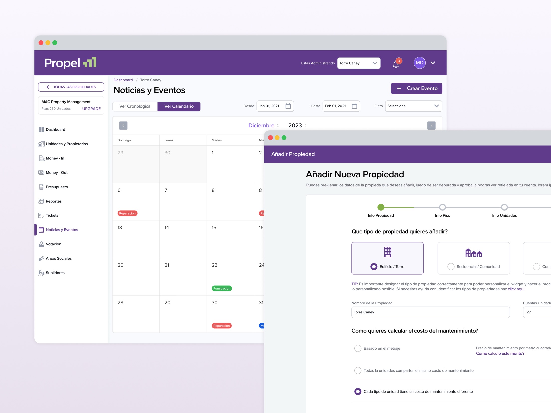 Propel events calendar and add new property flow
