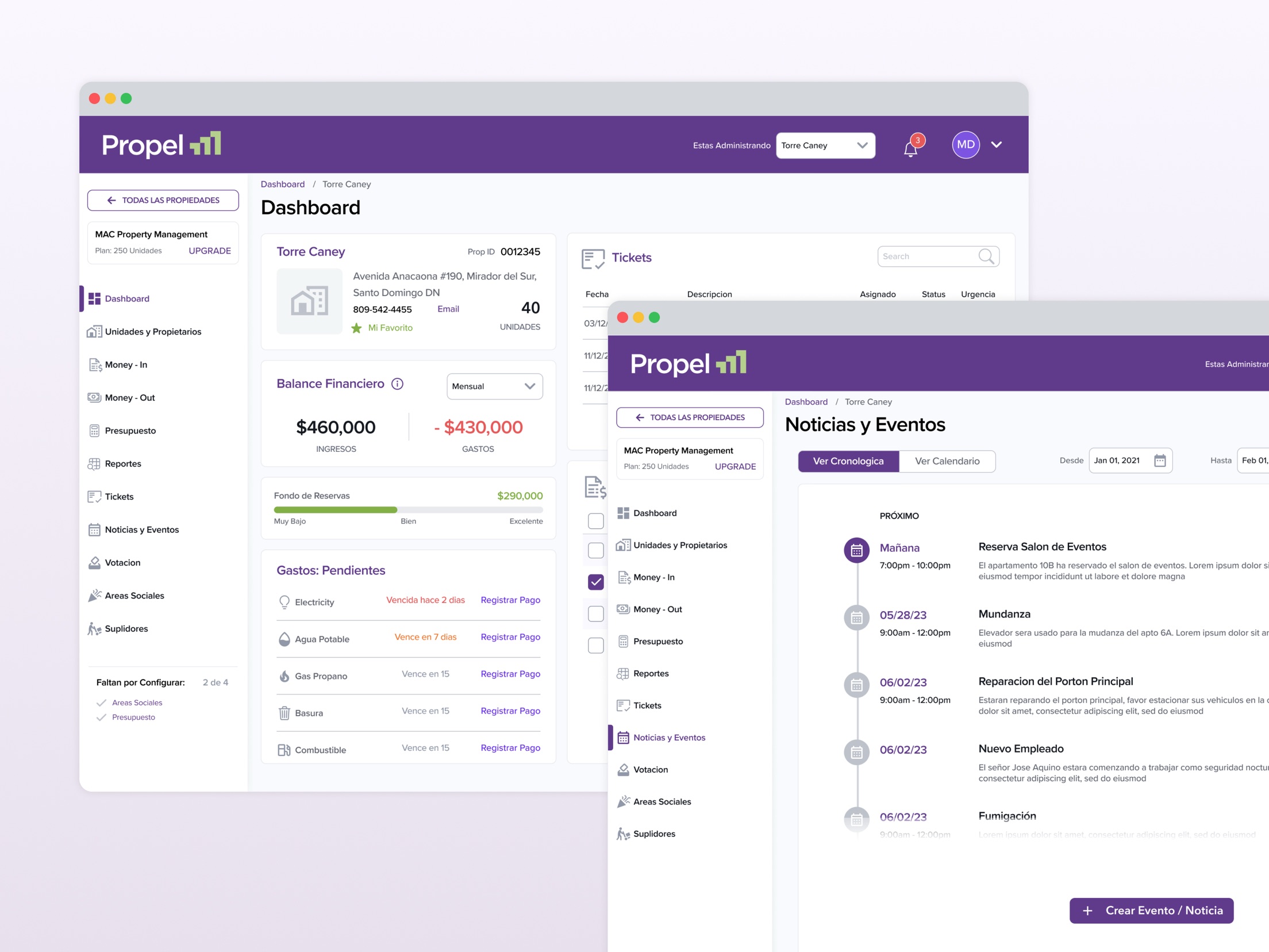 Propel dashboard with news and events
