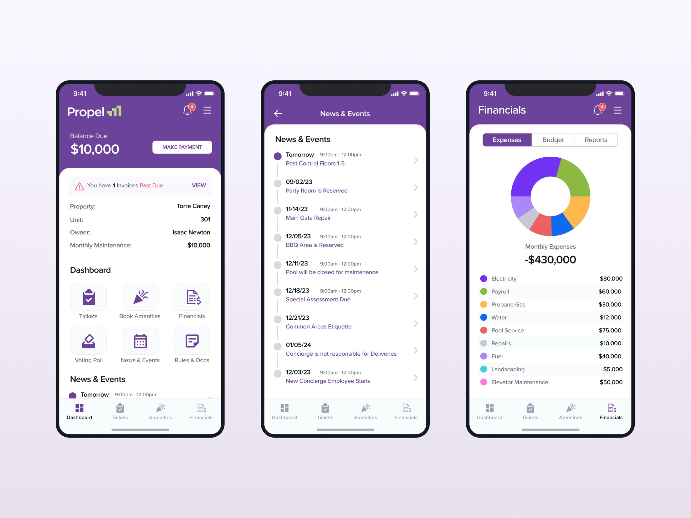 Propel owner app finances screens