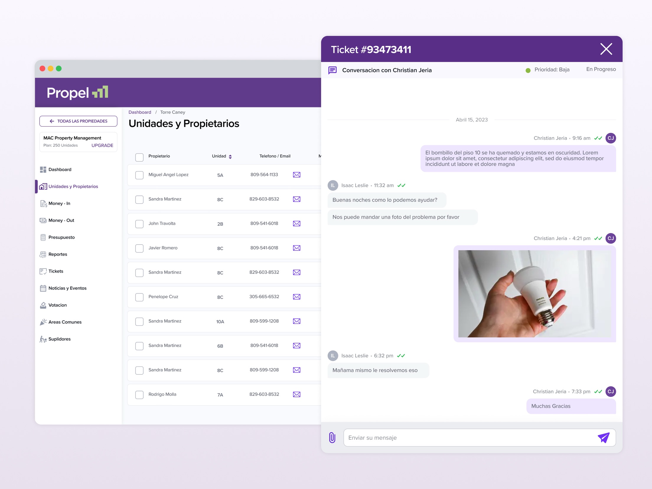 Propel units and owners list with a support ticket chat